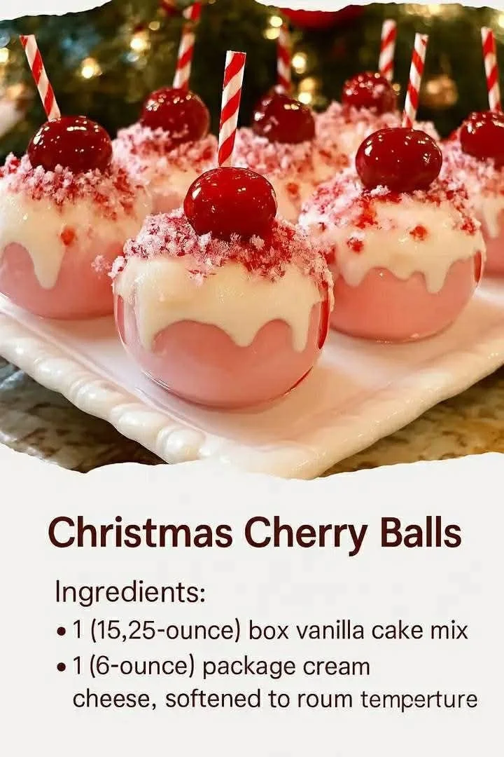 A plate of festive Christmas Cherry Balls decorated for the holiday season.