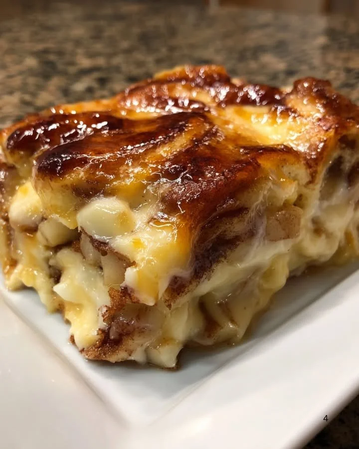 Delicious cinnamon roll apple lasagna dessert served warm with cinnamon and apples.