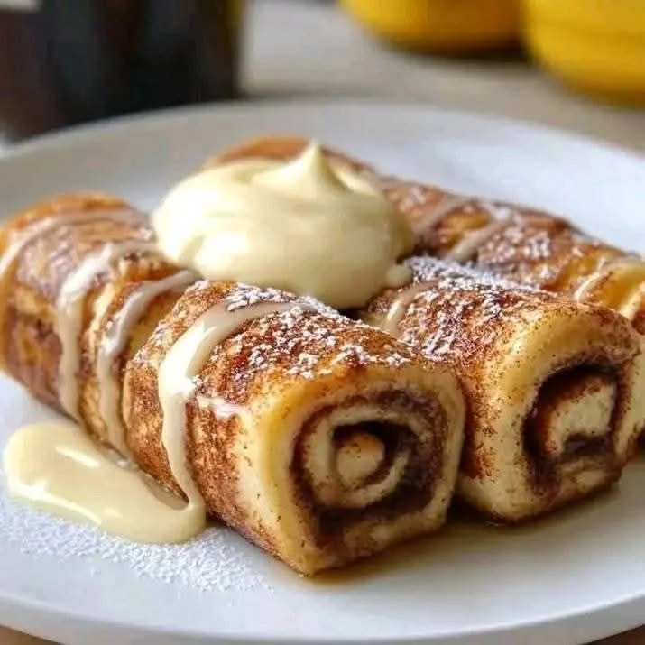 Cinnamon Roll French Toast pinwheels drizzled with icing on a plate.