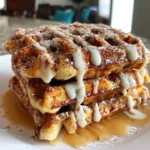 Delicious homemade cinnamon roll waffles topped with icing
