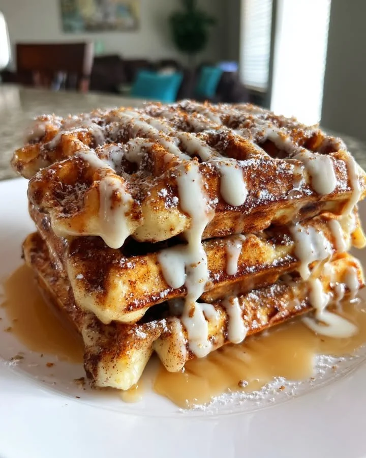 Delicious homemade cinnamon roll waffles topped with icing