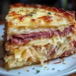 Classic Reuben Bake served on a plate with melted cheese and corned beef.