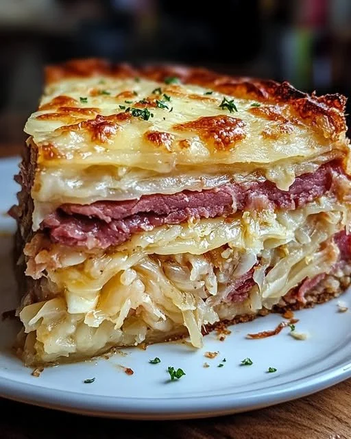 Classic Reuben Bake served on a plate with melted cheese and corned beef.