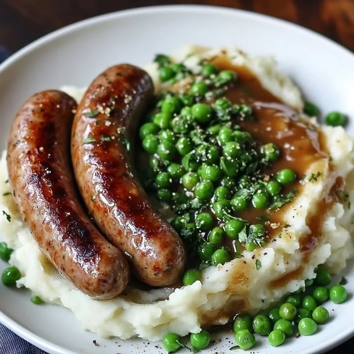 Classic sausage and mash served with peas on a plate