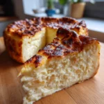 Slice of coconut Basque cheesecake with a caramelized top and coconut garnish