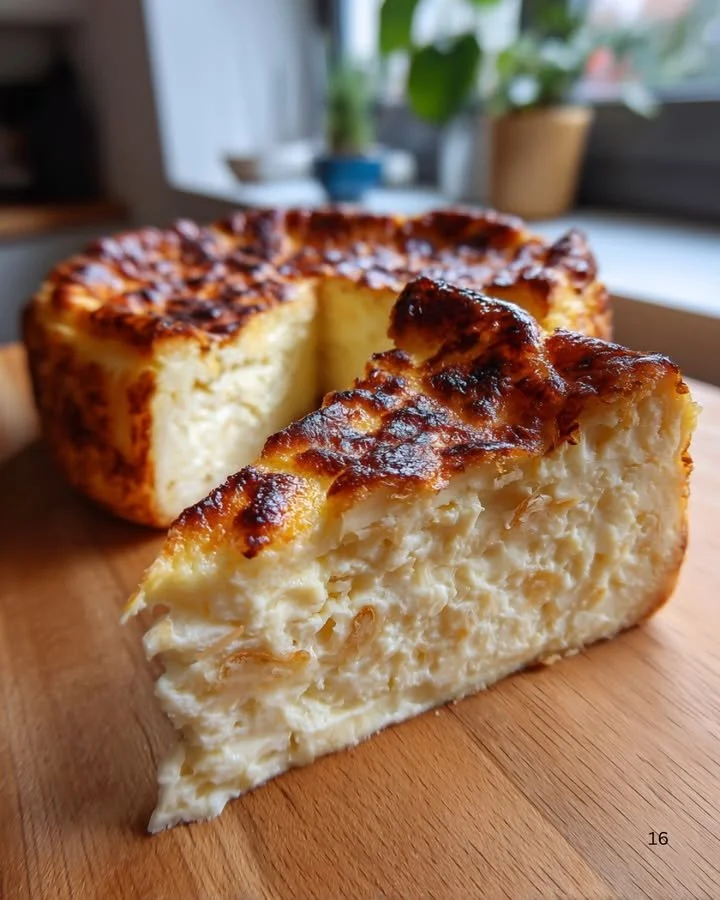 Slice of coconut Basque cheesecake with a caramelized top and coconut garnish