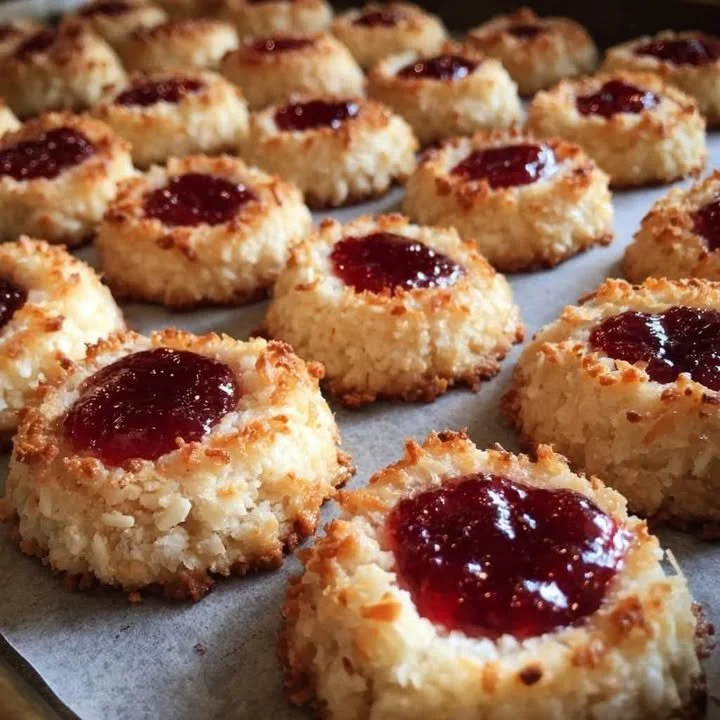Freshly baked Coconut Strawberry Thumbprint Cookies with a vibrant strawberry jam filling