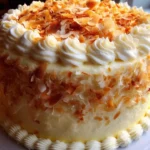 Slice of Coconut Layer Cake topped with shredded coconut and tropical fruits