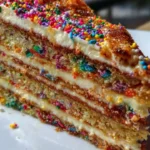 Delicious slice of confetti cake with colorful sprinkles on top