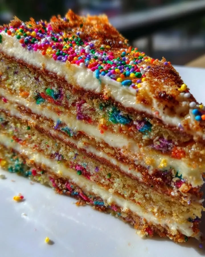 Delicious slice of confetti cake with colorful sprinkles on top