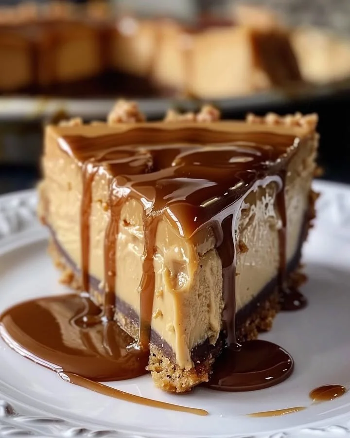 Delicious slice of Cookie Butter Caramel Cheesecake garnished with caramel drizzle