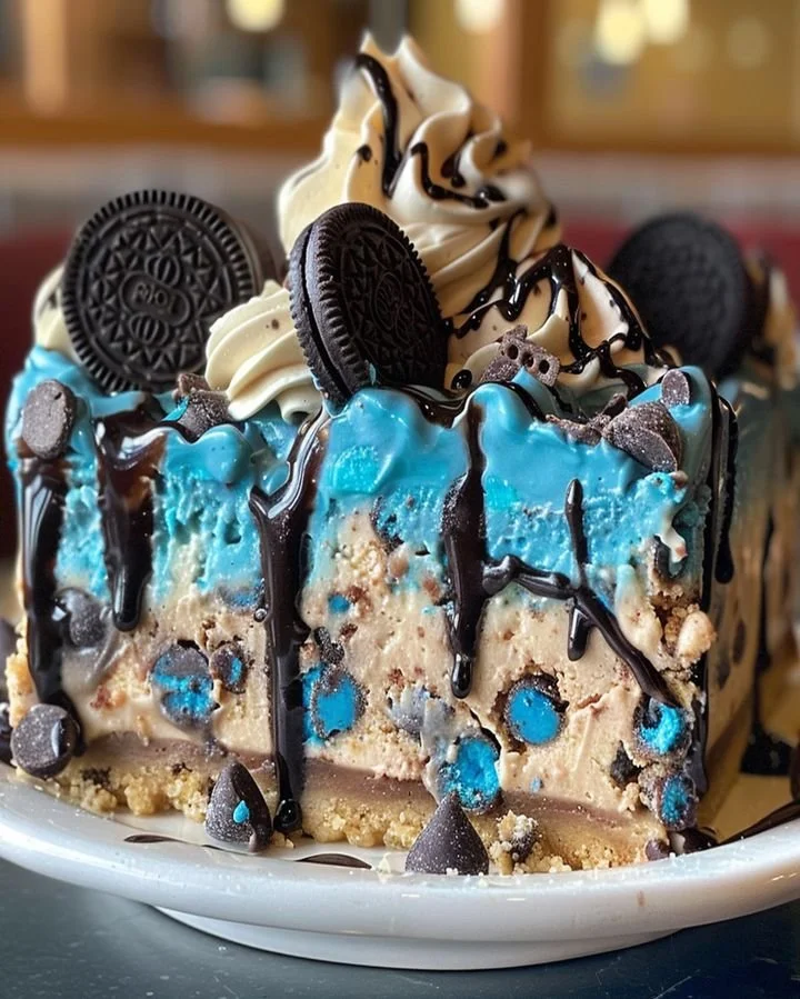 Delicious Cookie Monster Cheesecake topped with cookie crumbles and chocolate sauce