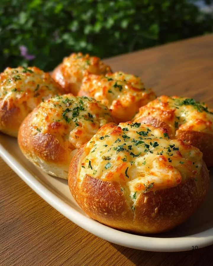 Crabby Shrimp-Stuffed Garlic Bread Bombs fresh out of the oven