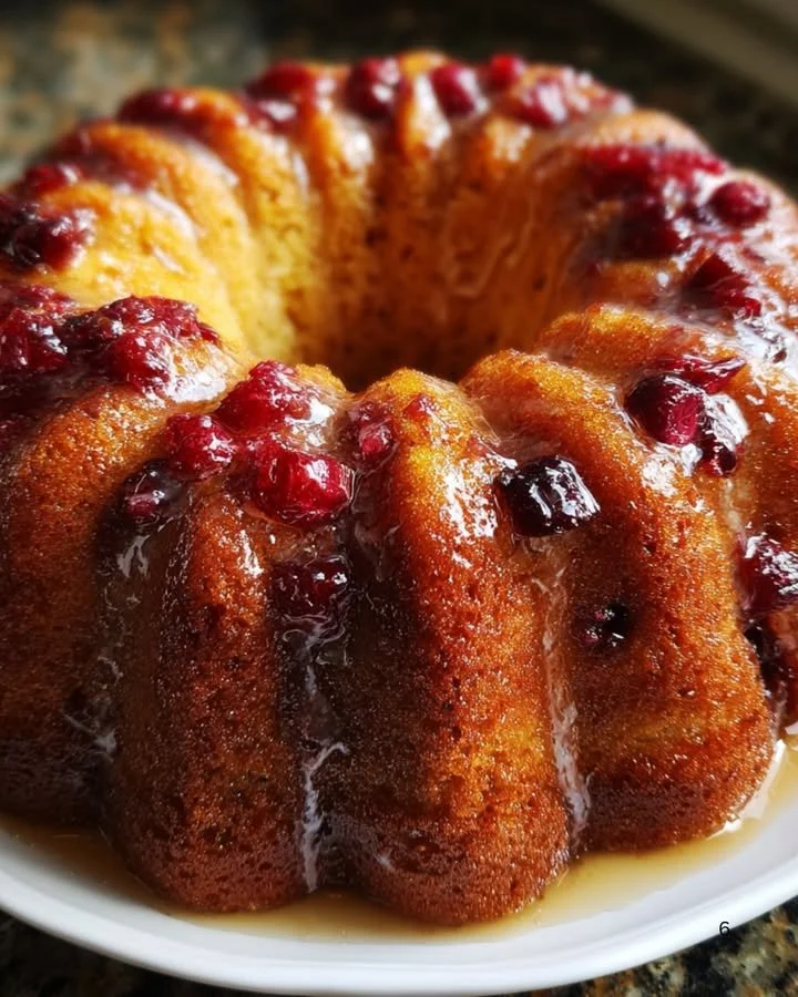 Homemade Cranberry Orange Cake garnished with fresh cranberries and orange slices