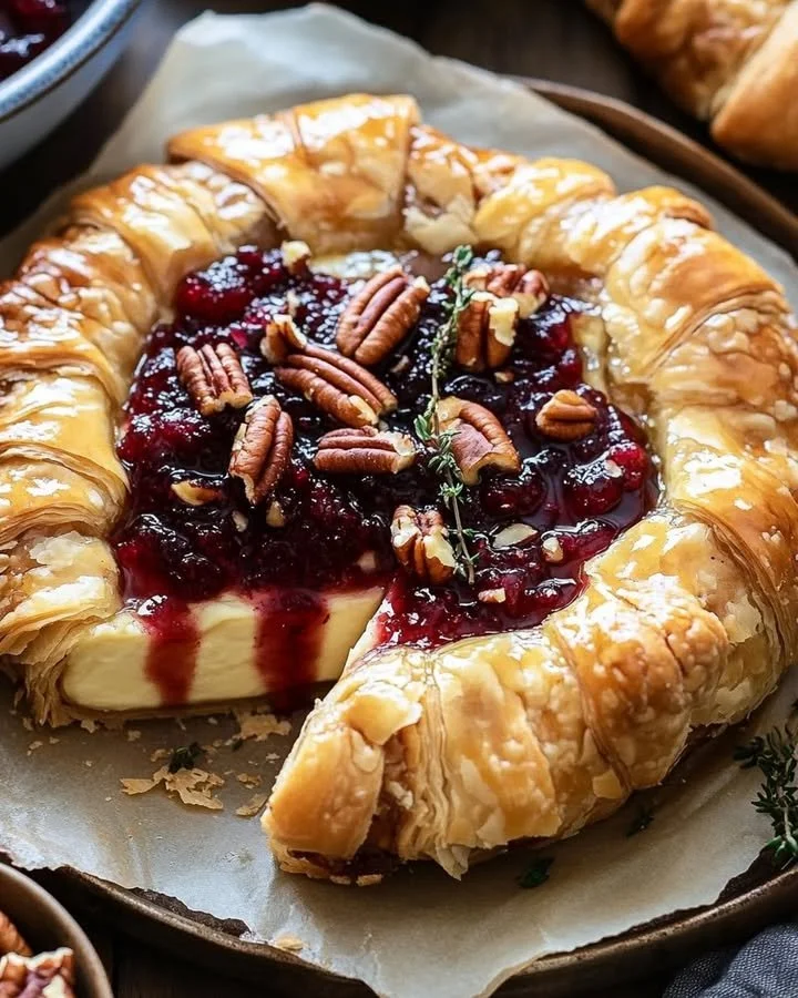 Cranberry Pecan Baked Brie wrapped in Puff Pastry served on a wooden board