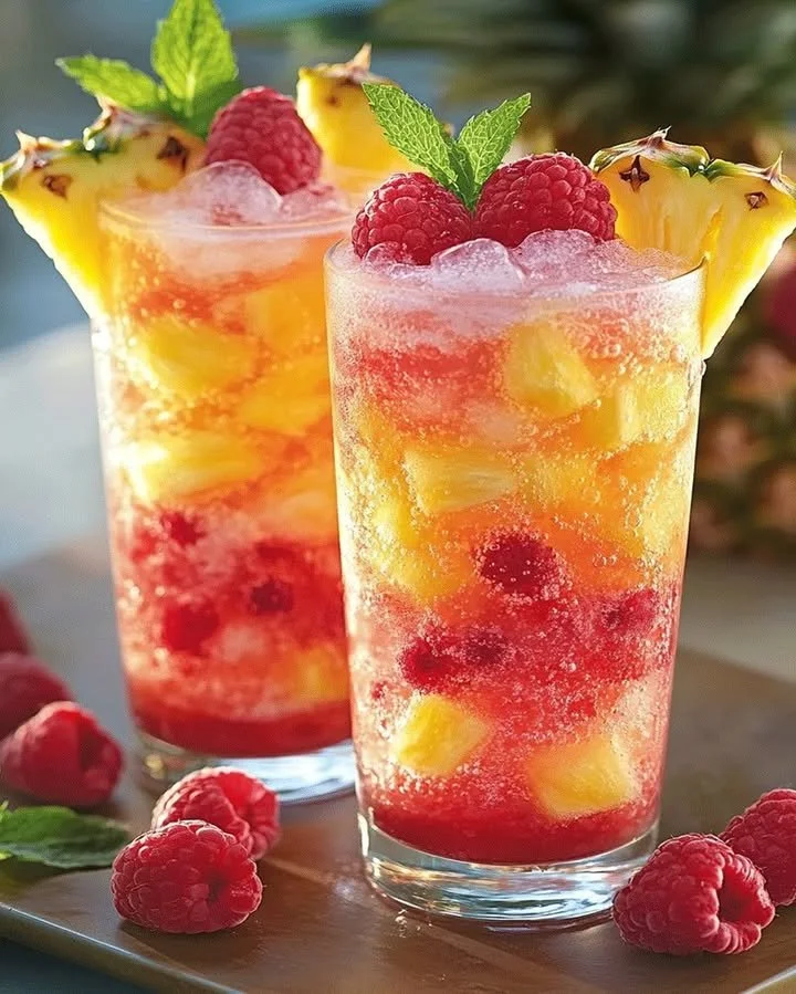 Cranberry Pineapple Fizz cocktail in a glass with garnishes