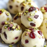 Cranberry pistachio white chocolate truffles beautifully arranged on a plate.