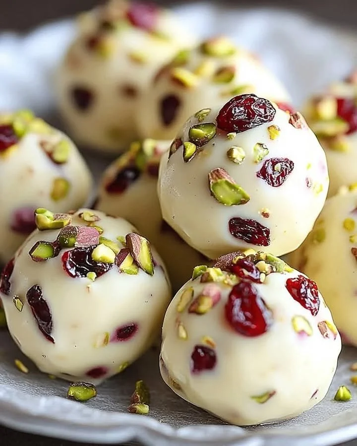 Cranberry pistachio white chocolate truffles beautifully arranged on a plate.