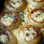 Creamy baked onions topped with asiago cheese ready to serve.