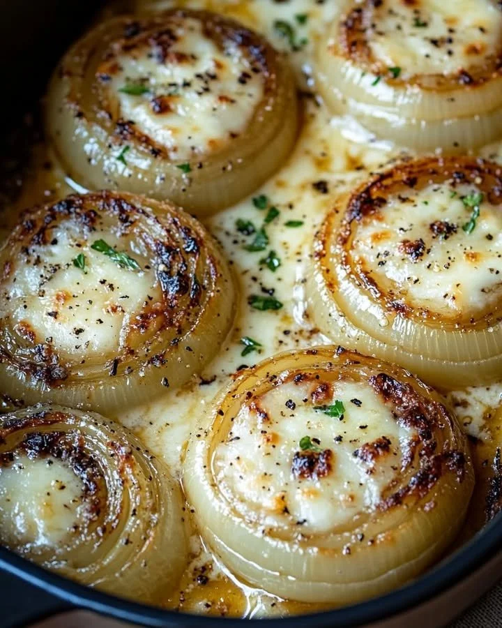 Creamy baked onions topped with asiago cheese ready to serve.