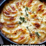 Creamy baked scalloped potatoes with Gruyère cheese and thyme in a casserole dish