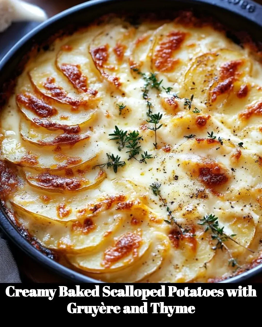 Creamy baked scalloped potatoes with Gruyère cheese and thyme in a casserole dish