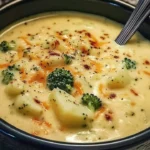 Bowl of creamy broccoli cheese potato soup topped with cheese and broccoli florets