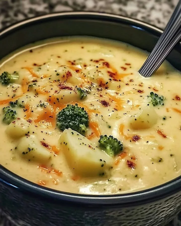 Bowl of creamy broccoli cheese potato soup topped with cheese and broccoli florets