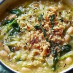 Creamy cannellini bean and spinach soup with lemon-garlic breadcrumbs