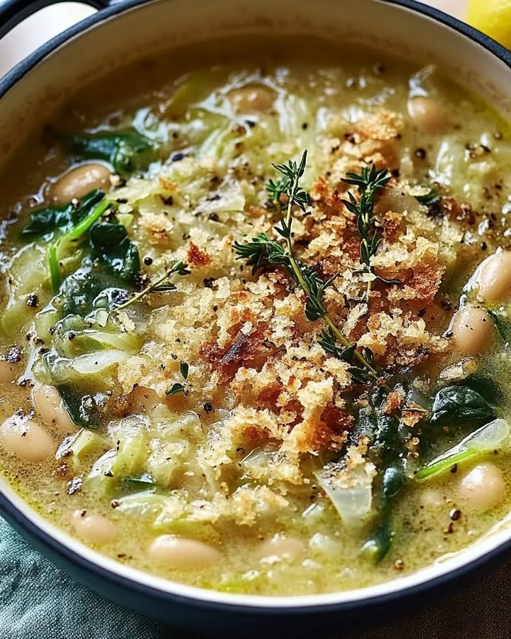 Creamy cannellini bean and spinach soup with lemon-garlic breadcrumbs