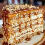 Delicious creamy caramel cake topped with rich caramel sauce and nuts