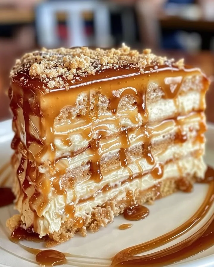 Delicious creamy caramel cake topped with rich caramel sauce and nuts