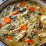 Bowl of creamy chicken and rice soup garnished with herbs
