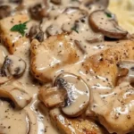 Creamy chicken with mushrooms and Dijon sauce served on a plate
