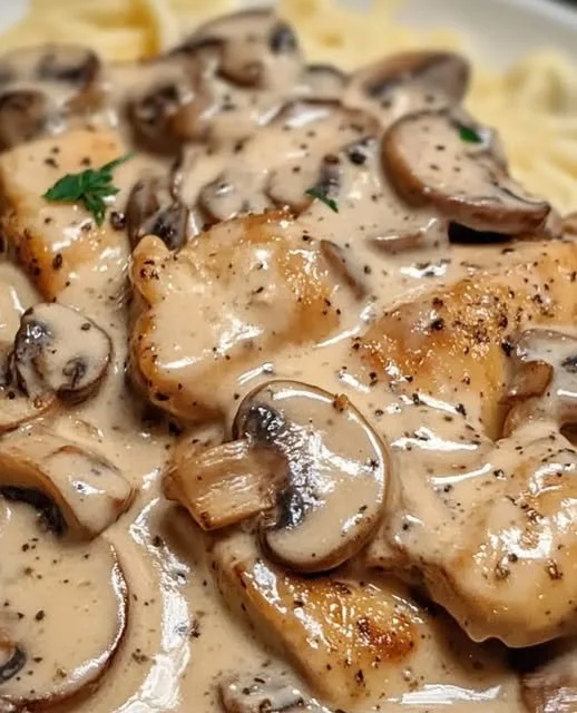 Creamy chicken with mushrooms and Dijon sauce served on a plate