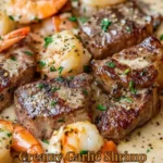 Creamy garlic shrimp and steak skillet served in a cast iron pan.