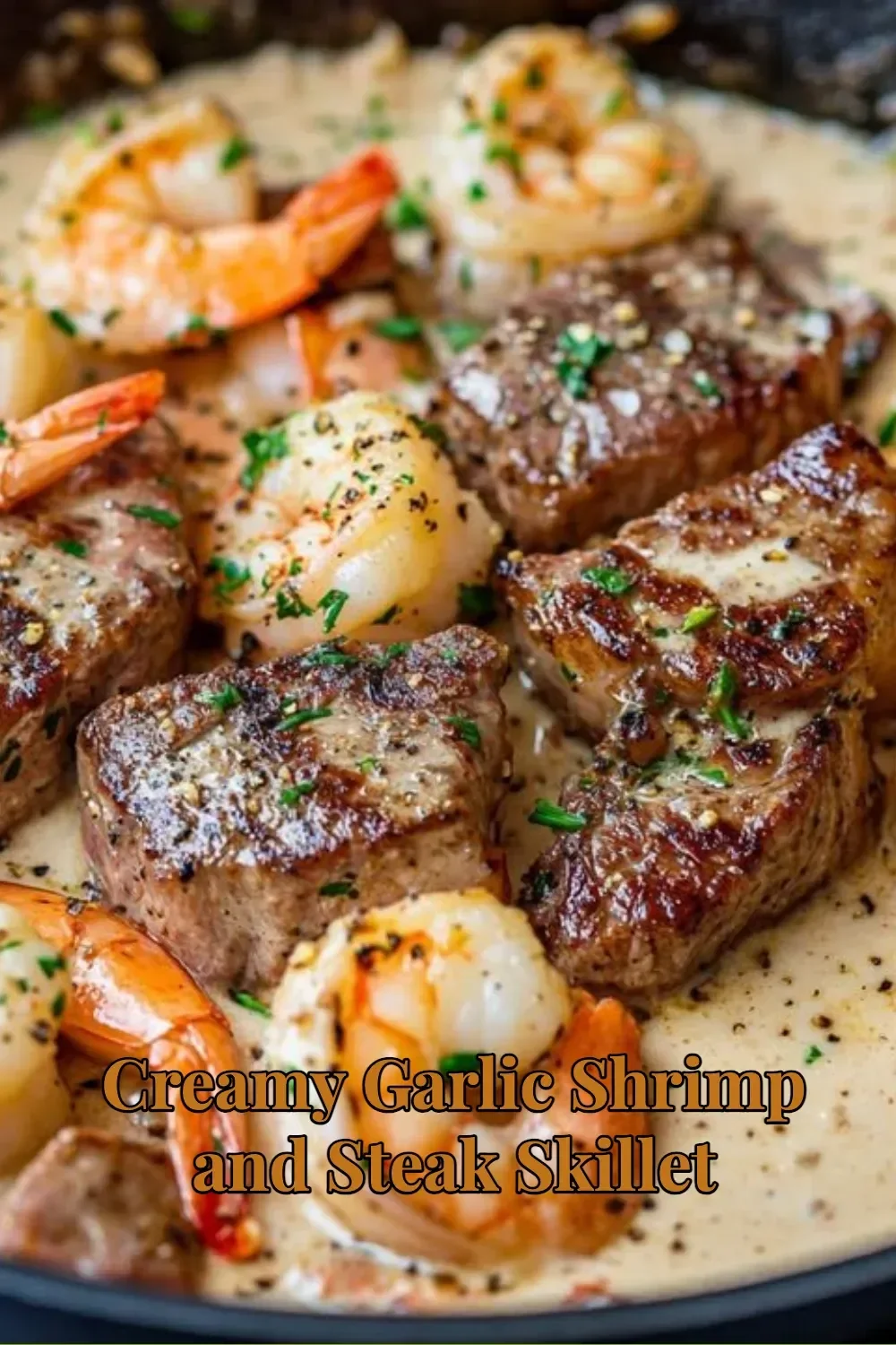 Creamy garlic shrimp and steak skillet served in a cast iron pan.