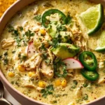 Creamy green chicken chili garnished with corn in a bowl