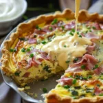 Creamy ham and cheese quiche topped with homemade hollandaise sauce