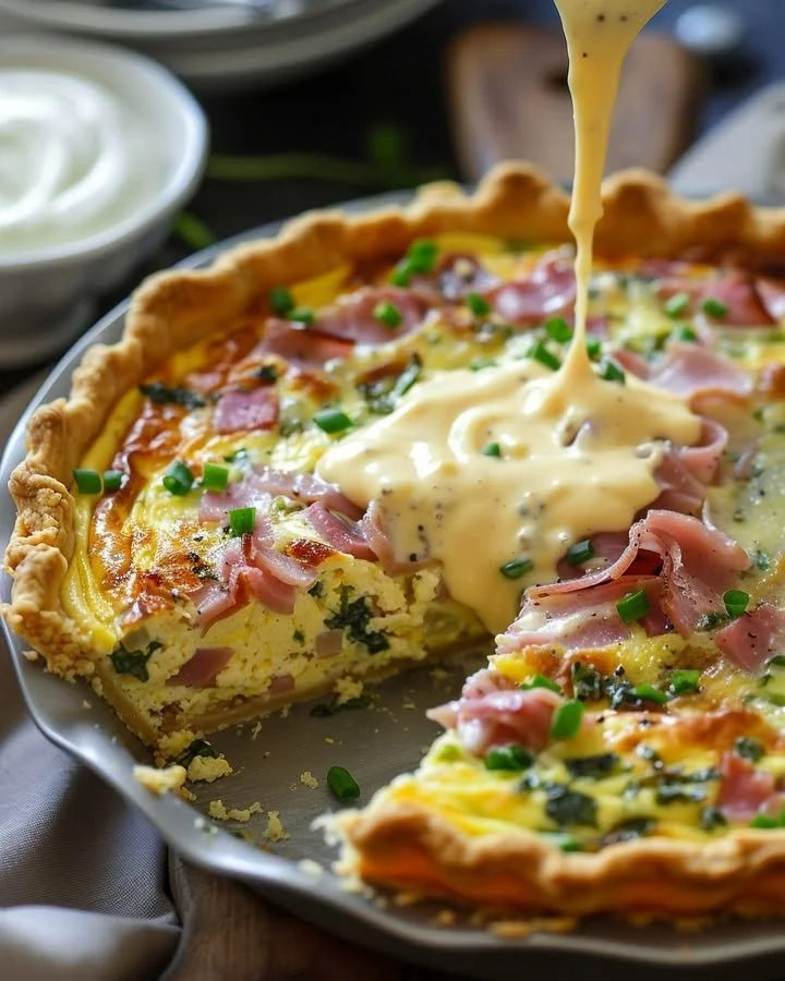 Creamy ham and cheese quiche topped with homemade hollandaise sauce