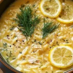 Creamy lemon orzo chicken soup in a bowl with fresh herbs