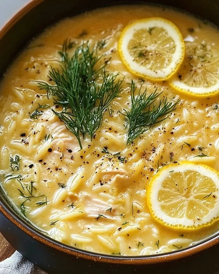 Creamy lemon orzo chicken soup in a bowl with fresh herbs