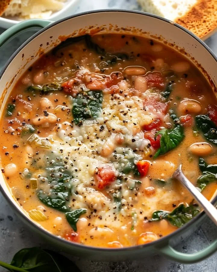 Bowl of creamy Parmesan Tuscano Soup made with fresh ingredients.