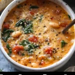 Bowl of creamy Parmesan Tuscano Soup garnished with herbs.