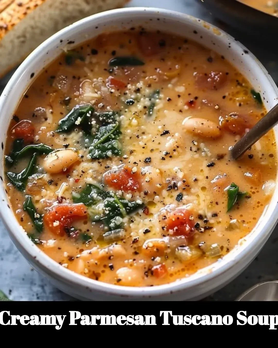 Bowl of creamy Parmesan Tuscano Soup garnished with herbs.