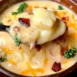 Bowl of creamy potato bacon soup topped with crispy bacon and herbs