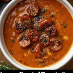 Creamy roasted tomato soup garnished with fresh basil in a bowl