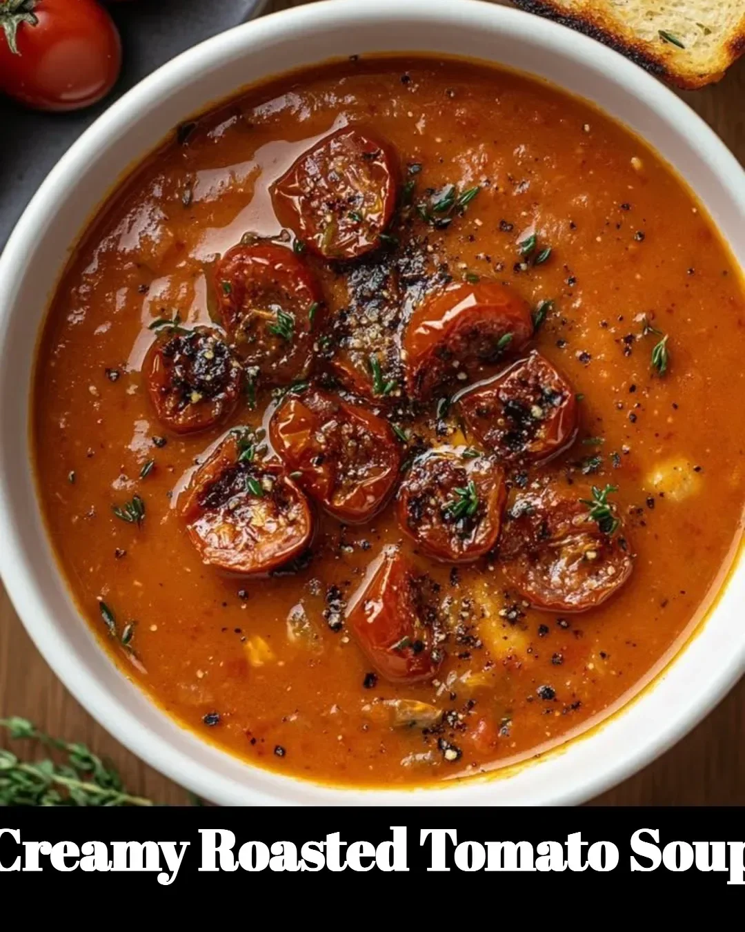 Creamy roasted tomato soup garnished with fresh basil in a bowl