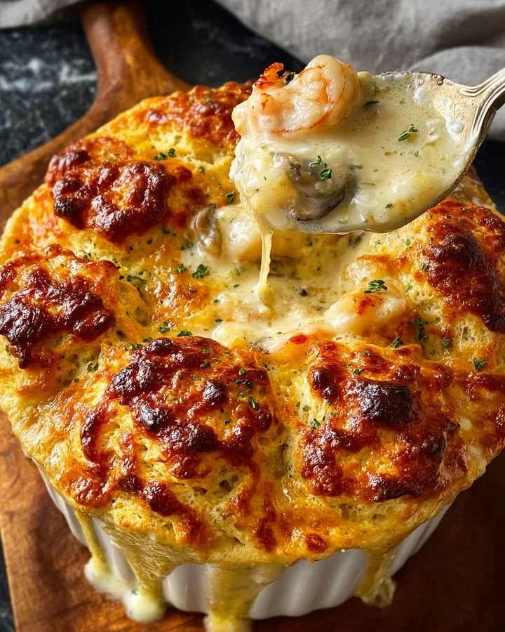 Delicious creamy seafood pot pie topped with golden crust and fresh seafood