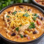 Creamy slow cooker chicken chili in a bowl with toppings